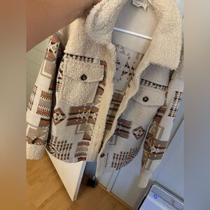 Women's Cream and Brown Geometric Teddy Jacket